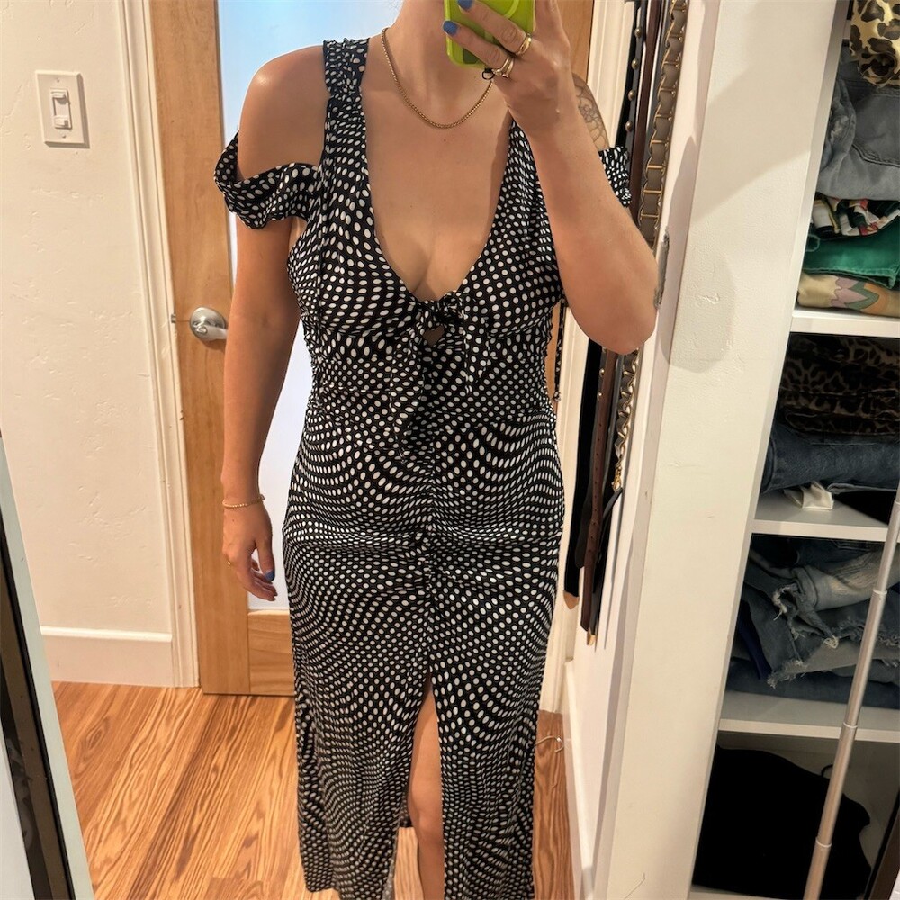 For Love & Lemons Midi Dress Womens L Black Polka Dot Ruched Tie Cutout